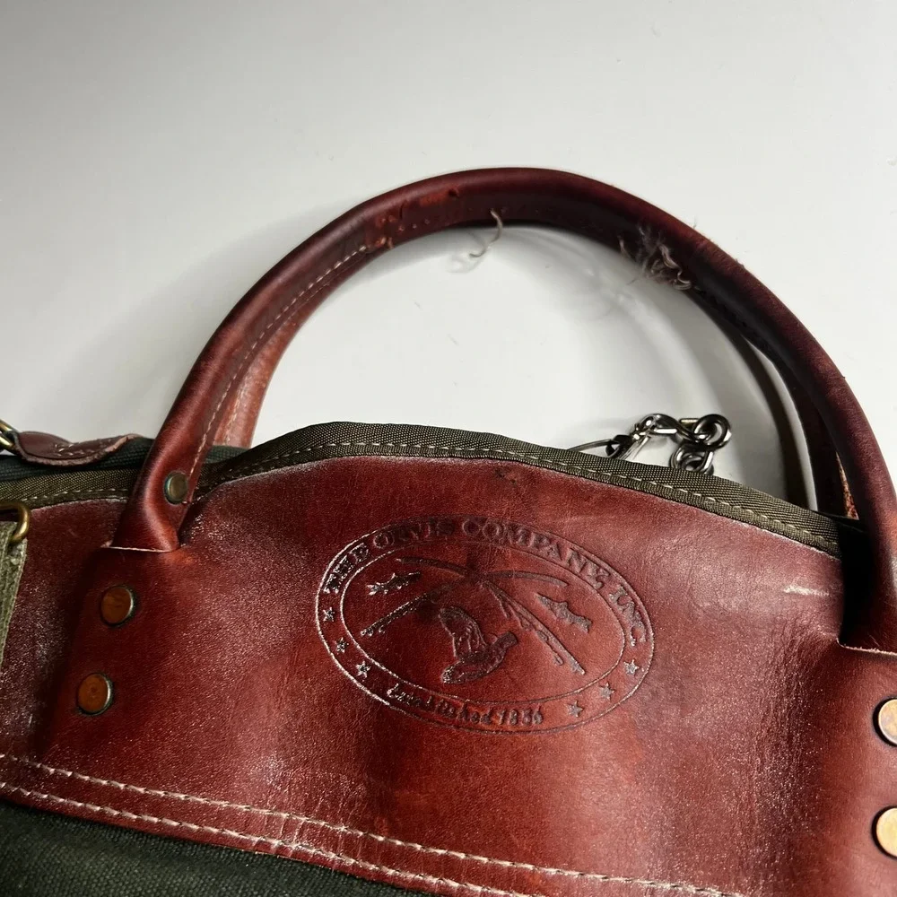 Orvis Garment Bag Vintage Canvas Leather Trim Olive Green Brown Travel Suit Bag